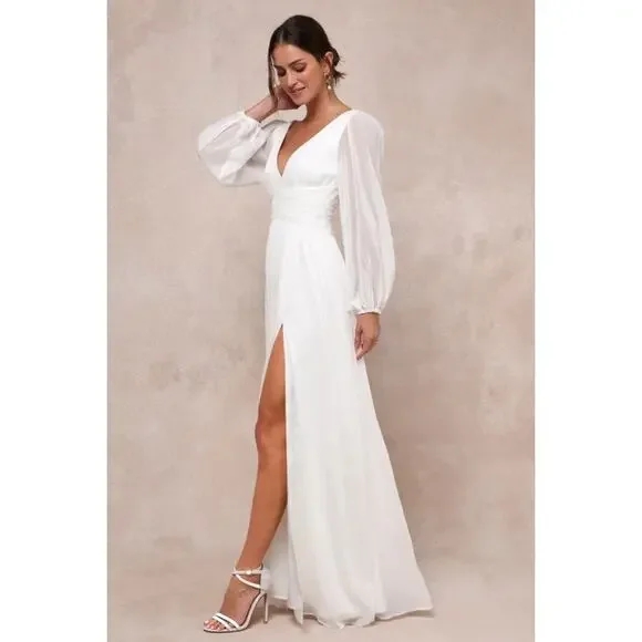 Lulus Enchant My Love White V-Neck Long Sleeve Maxi Dress Bridal Bide Wedding M - Picture 3 of 6
